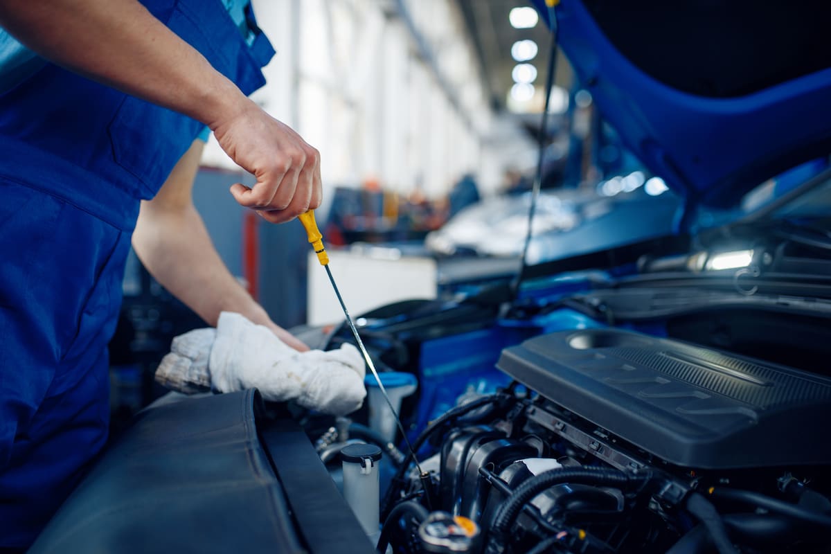 Worker checks the engine oil level, car service