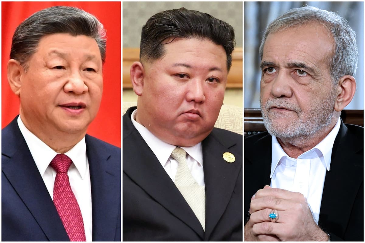 Xi Jinping (China), Kim Jong-un (Corea del Norte) y Masoud Pezeshkian (Irán), líderes de tres de los países que condenaron el ataque a Venezuela.