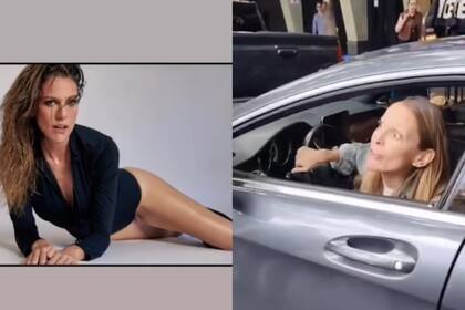 Ximena Pichel en sus dos facetas conocidas: en una sesión de modelaje y al momento de insultar a un policía