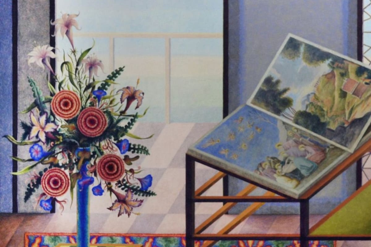 Guillermo Pérez Villalta es uno de los artistas fetiche del director español. Una reproducción de "Artista viendo un libro de arte" (en la foto, detalle) ocupa un lugar central en el living del protagonista de Dolor y gloria