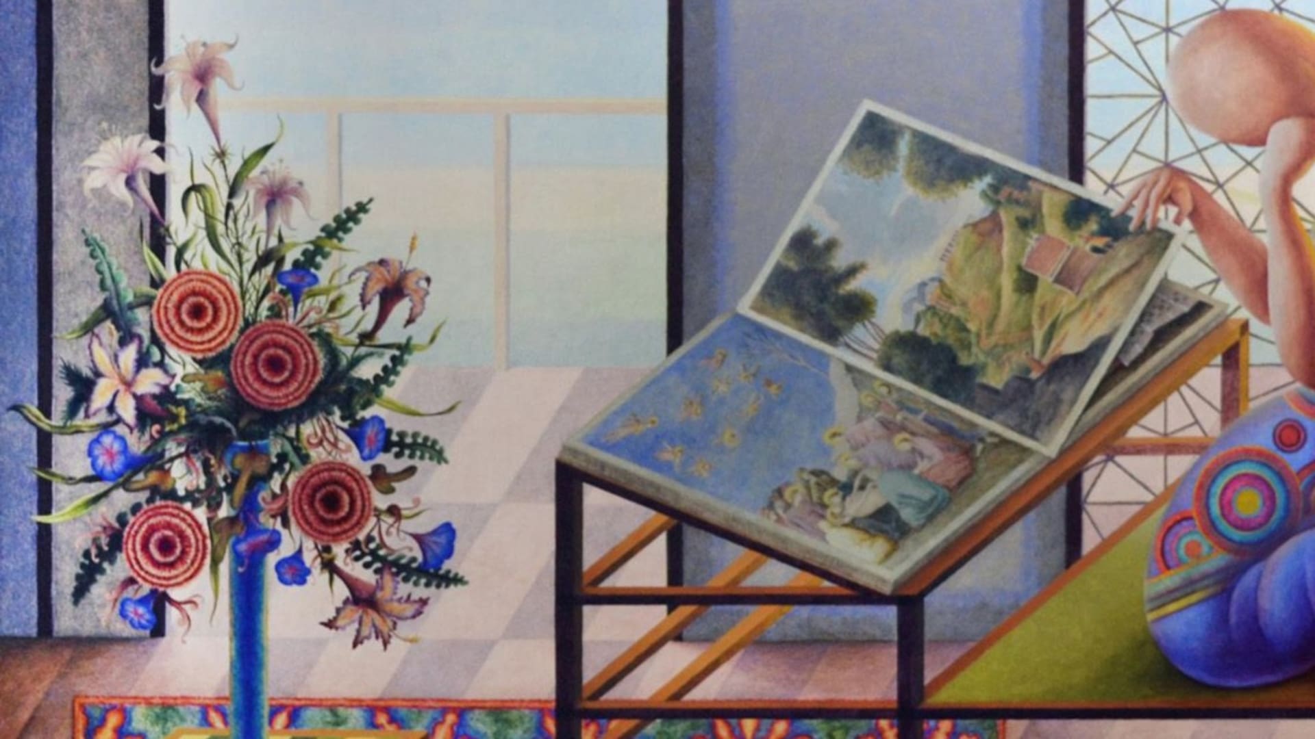 Guillermo Pérez Villalta es uno de los artistas fetiche del director español. Una reproducción de "Artista viendo un libro de arte" (en la foto, detalle) ocupa un lugar central en el living del protagonista de Dolor y gloria