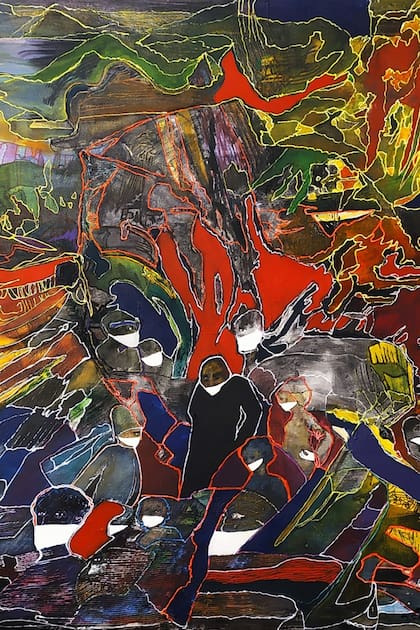 Detalle de A cara tapada, una de las obras inspiradas en la pandemia realizadas por Luis Felipe Noé durante la cuarentena