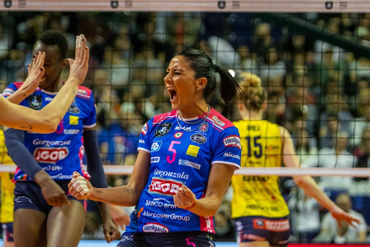 Yamila Nizetich festeja un punto durante la gran final europea; se consagró campeona con Novara