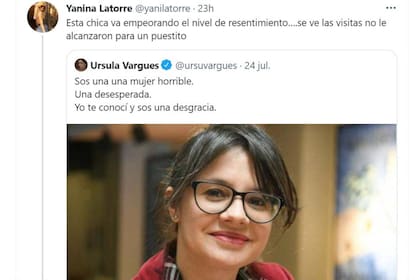 Yanina Latorre comentó un tuit que había enviado Ursula Vargues en el que la exmodelo agredía a Gisela Marziotta