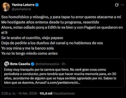 El contraataque de Yanina Latorre a Beto Casella hace unas semanas a través de las redes sociales