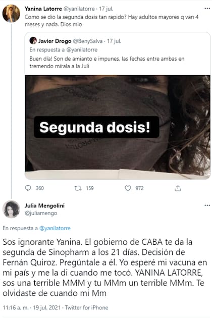 Yanina Latorre cuestionó a Julia Mengolini por recibir las dos dosis de la vacuna Sinopharm en menos de un mes