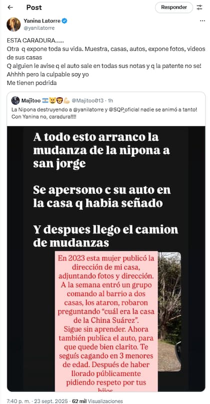 Yanina Latorre no se quedó callada y decidió responderle a la actriz a través de X (Foto: Captura X @yanilatorre)