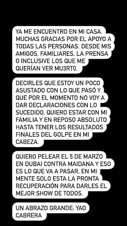 Yao Cabrera anunció que ya está en su casa y hará "reposo absoluto". (Foto: Instagram)