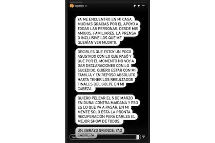 Yao Cabrera reapareció en las redes sociales luego del accidente