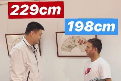 Yao Ming y Del Potro, quien con casi dos metros parece chico al lado del gigante chino