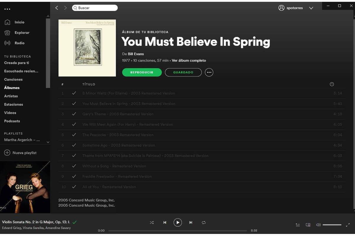 You must believe in spring, obra póstuma de Bill Evans, quedó desactivado en mi biblioteca de Spotify