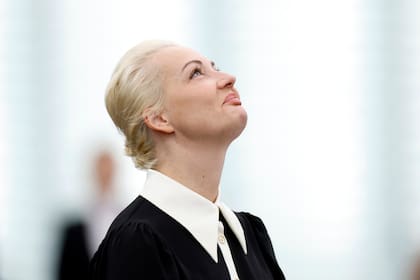 Yulia Navalnaya, widow of Russian opposition leader Alexei Navalny addresses the European Union's parliament on Wednesday Feb. 28, 2024 in Strasbourg, eastern France. The grief-stricken widow of Russian opposition leader Alexei Navalny implored the 27-nation bloc to stand up to Russian President Vladimir Putin. The legislature often interrupted her speech with applause and lauded her efforts to keep the memory of Navalny alive. (AP Photo/Jean-Francois Badias)
