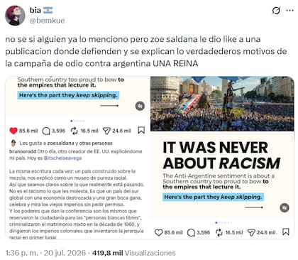 Zoe Saldaña y el "Me gusta" que alegró a los argentinos (Foto: Captura X/@bemkue)