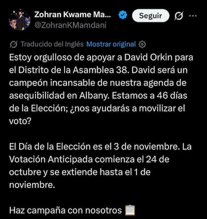 Zohran Mamdani hizo público su respaldo a David Orkin, candidato a la Asamblea estatal por el Distrito 38 de Nueva York