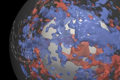 Zonas donde las ondas sísmicas viajan más lentas (en rojo) o más rápidas (en azul)