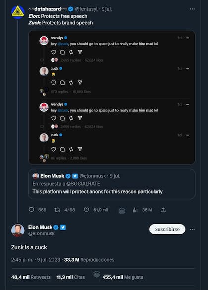 "Zuck is a cuck", dijo Elon Musk, usando un insulto de la extrema derecha estadounidense que es una abreviación de cuckold (cornudo) pero que suele referise a alguien débil y dominando por el sistema