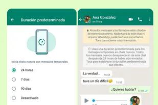 Así luce la nueva opción que ofrece WhatsApp para contar con mensajes temporales que se elimina a las 24 horas, un ajuste que también se puede extender a 7 o 90 días