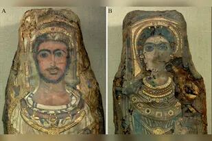 La momia de un hombre (izquierda) y la de una mujer (derecha) fueron encontrados en la necrópolis de Saqqara, en Egipto, en el año 1615.