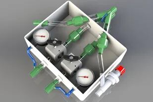 El dispositivo desarrollado por los ingenieros de la UBA es una caja con válvulas, manómetros y mangueras que se instala entre los pacientes y el respirador, que no necesita energía ni tiene componentes electrónicos
