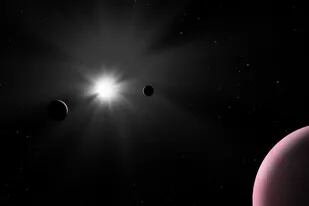 La impresión de este artista muestra el sistema planetario Nu2 Lupi, que fue explorado recientemente por el observador de exoplanetas de la ESA, Cheops